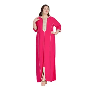 Phụ Nữ Phi Abaya Hồi Giáo Nửa Tay Áo Vàng Chủ Đề Thêu Maxi Dress Với Mui Xe