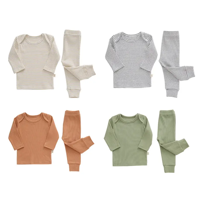 Hot Selling Wholesale Spring Newborn Baby Clothes Solid Color Ribbed Fabric Baby 2 Piece Rib Cotton Boys Girls Clothing