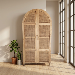 Natural Rattan Eco Friendly Scandinavian Design Arched Freestanding <b>Wardrobe</b> Cabinet Shaker Doors Wooden Double Door Large - Product Image 1