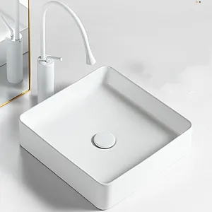 Pia de banheiro moderna em forma quadrada de porcelana por atacado branco personalizada para lavatório de banheiro
