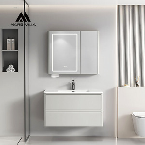 Meuble-lavabo de salle de bain de luxe sur pied Mars Villa Custom 200 cm à trois tiroirs avec finition <span class=keywords><strong>piano</strong></span> brillante et garniture dorée - Product Image 2