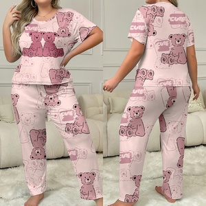 Vanfound Ensemble Pyjama Deux Pièces pour <span class=keywords><strong>Femmes</strong></span> Grande Taille, Vêtement de Maison d'Été, Imprimé Cartoon Doux, Logo Avant, T-Shirt à Manches Courtes, Pantalon <span class=keywords><strong>Combi</strong></span> - Product Image 1