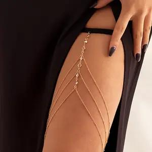 Mode Sexy Multilayer Bead Chain Rhinestone Tassel Verstelbare Elastische Dij Chain Strand Lichaam Sieraden Voor Vrouwen