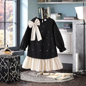 Vestidos de princesa de pana transpirables de manga larga con patchwork, cuentas y lazos grandes para niñas, diseño de primavera 2026, ODM - Product Image 1