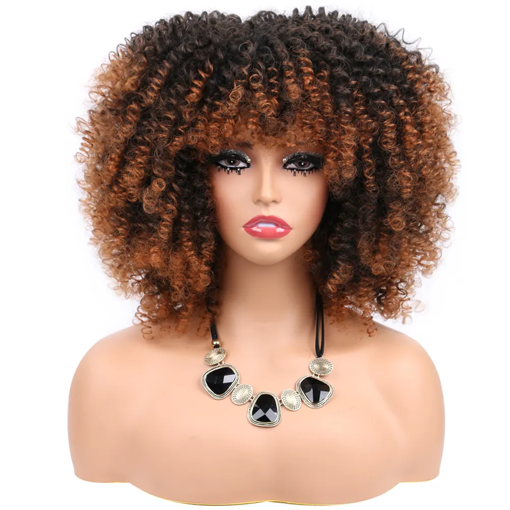 Nieuw Binnen 14 Inch Korte Krullende Afro Pruik Met Pony Voor Zwarte Vrouwen Kinky Krullend Haar Pruik Afro Synthetische Full Lace Lijmloze Pruiken