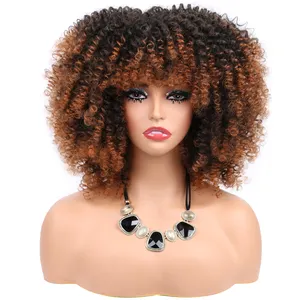 Yeni varış 14 inç kısa kıvırcık Afro kahküllü peruk siyah kadınlar için Kinky kıvırcık saç peruk Afro sentetik tam dantel tutkalsız peruk