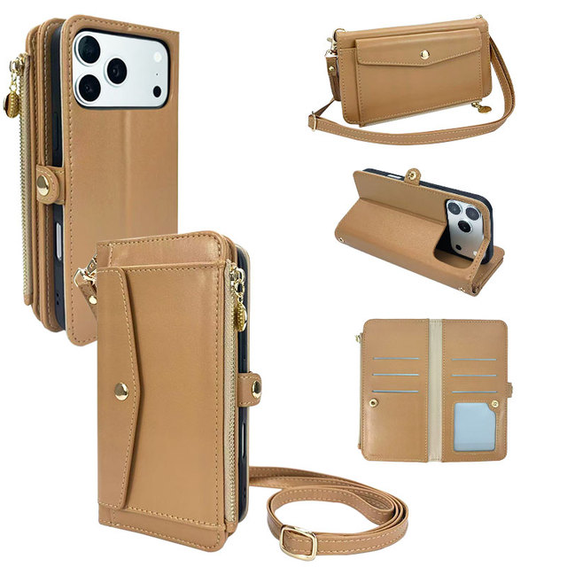 Envelope Flap Crossbody Wallet Phone Case for iPhone 18 Zipper Coin Purse Card Slots ID Window Adjustable Strap Kickstand Cover
