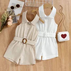 2-7Y Summer Fashion Girls Jumpsuits with Waist Belt Solid Color Halter Sleeveless Front Buttons Backless Romper Shorts