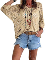 Pull-over élégant d'été pour femme, col en V, motif losanges, manches chauve-souris ajourées, tricoté à la main en polyester/spandex