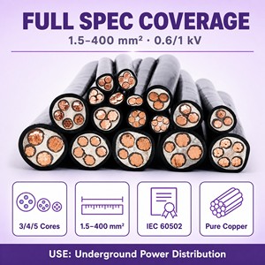 Câble d'alimentation YJV 4*25-95mm XLPE 0.6/1.0KV Conducteur en cuivre Gaine en PVC Utilisation industrielle Blindage en acier IEC 60502-1 U-<span class=keywords><strong>1000</strong></span> <span class=keywords><strong>R2V</strong></span> - Product Image 2