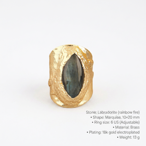 Anillo de cóctel de labradorita natural, latón chapado en oro de 18k, piedra marquesa, anillo de diseñador, estilo bohemio, talla ajustable 6 US - Product Image 1
