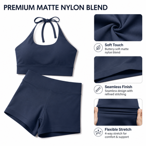 Conjunto de sujetador deportivo halter de yoga ultra suave y shorts de cintura alta con efecto fruncido y espalda abierta sin costuras para mujer, para gimnasio y fitness, con control de abdomen, acabado mate. - Product Image 5