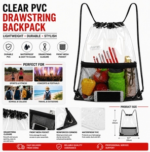 Fashion Custom Logo Clear PVC <b>Drawstring</b> Backpack Stadium Approved <b>Waterproof</b> Gym <b>Bag</b> With Mesh Pocket For Travel School Sports - Product Image 2