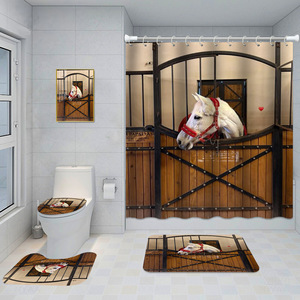 Juego de Cortina de Ducha de Poliéster con Diseño Floral de Caballo Azul, con Ganchos, Lavable a Máquina, Decoración Clásica para Baño - Product Image 4