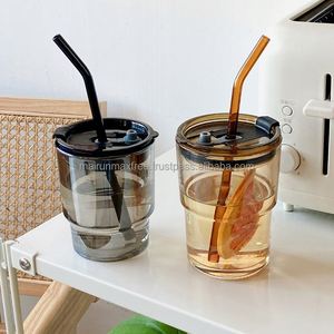 Portable High Quality Amber Grey Cheap 450ml Home Office Milk Juice Drinking <b>Water</b> Tumbler Glass <b>Bottle</b> <b>with</b> <b>Straw</b> - Product Image 4