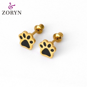 Zoryn 316L Stainless Steel PVD 18K Gold Plated Screw <b>Back</b> Stud <b>Earrings</b> Black Enamel Paw Print Hypoallergenic Durable for Women - Product Image 1