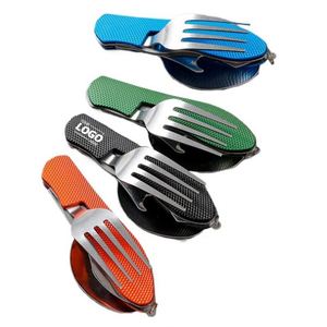 Ensemble d'ustensiles de camping portables 4-en-1 en acier inoxydable, multi-outils avec cuillère, fourchette, couteau et ouvre-bouteille pour les voyages - Product Image 1