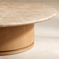 Table basse ronde en marbre de 60 pouces, pierre naturelle, style moderne minimaliste, base en bois beige, table de salon