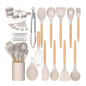 Nhà bếp yếu tố cần thiết 33pcs đồ dùng nhà bếp thiết lập bằng gỗ xử lý thìa thìa không dính chịu nhiệt Silicone nấu ăn đồ dùng thiết lập - Product Image 1