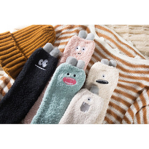 Thickened Coral Fleece Socks With Cartoon Monster Design 3D Ears Half Fleece Side For Home And Sleep - Product Image 3