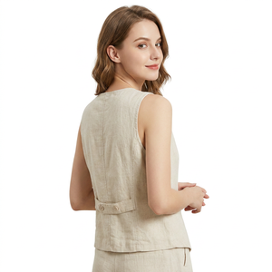 Chaleco de lino para mujer, sin mangas, con botones, chaleco de lino entallado, chaleco formal para mujer, cuello en V y cierre frontal con botones - Product Image 2