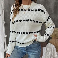 Pull en tricot à motif cœur pour femme, col rond, manches longues, pull ample, haut en tricot décontracté pour tous les jours, automne-hiver