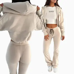 OEM zip up hoodies 2 piezas conjuntos de pantalones de chándal y Sudadera con capucha conjunto de pantalones acampanados conjunto de chándal para las mujeres