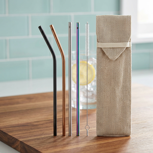 Reusable Metal <b>Drinking</b> <b>Straws</b> Set with Cleaning Brush and Mesh Pouch 5-Pack Minimalist Travel Design - Product Image 2