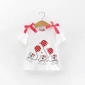 中国のサプライヤーからの子供女の子のための弓ボタン付き卸売子供服カジュアル半袖漫画プリントTシャツ