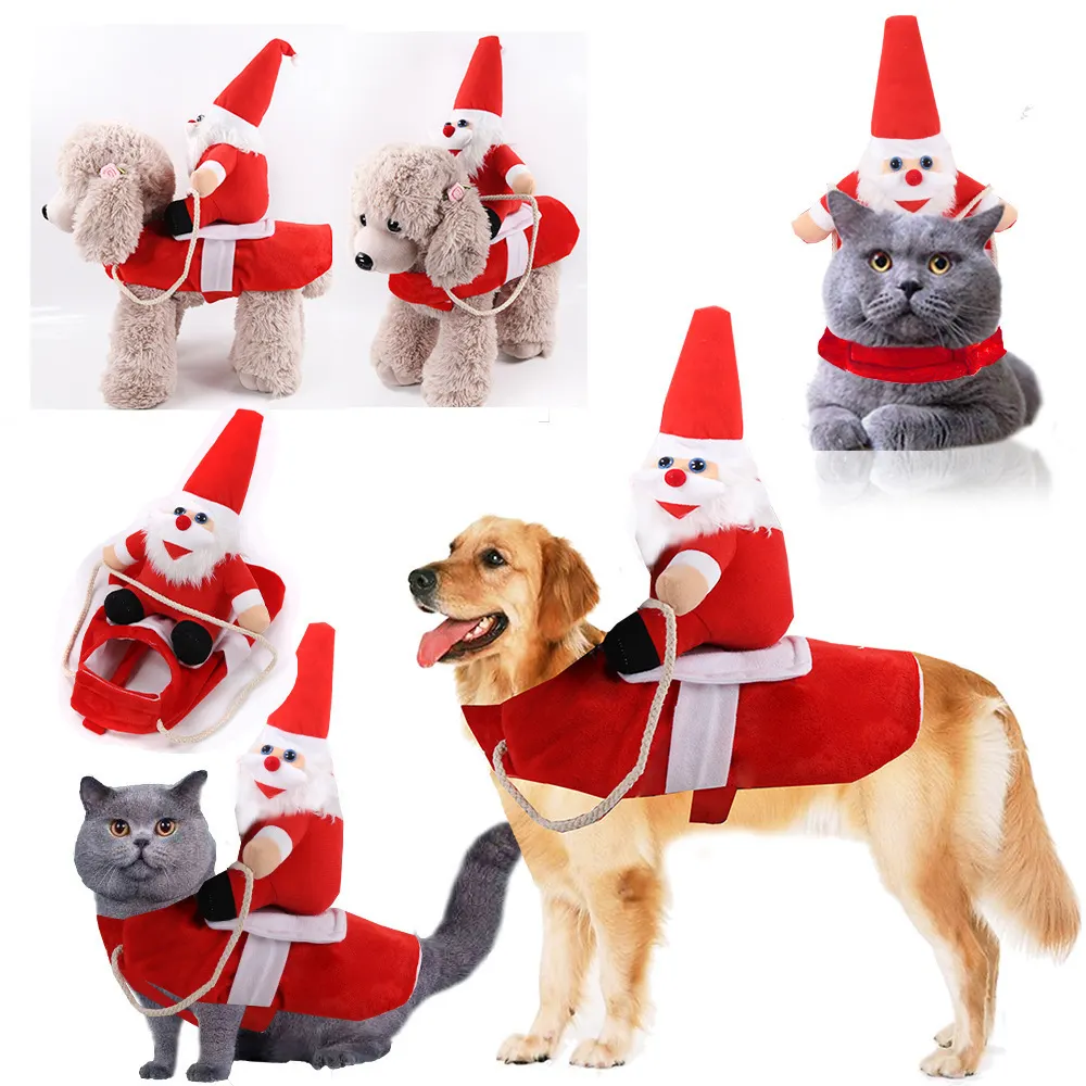 Christmas Dog Costume Santa Claus Costume Holiday Outfit Riding on Dog Pet Cat Christmas Hoodies OPP Bag Polar Fleece Plush 5PCS