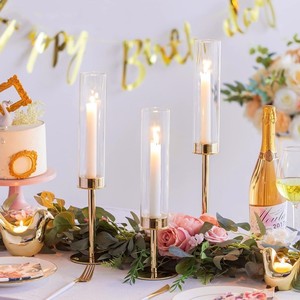 Set of 3 Gold Wedding Party Table Candelabra Centerpiece <strong>Lotus</strong> Lantern <strong>Candle</strong> <strong>Holder</strong> <strong>Candle</strong> Stick Taper <strong>Holders</strong> with Glass Cover - Product Image 5