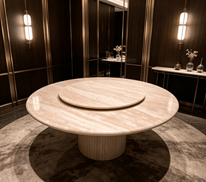โต๊ะอาหารทรงกลมหินอ่อนสีเบจพร้อมถาดหมุนแบบ Lazy Susan เฟอร์นิเจอร์รับประทานอาหารสไตล์โมเดิร์นสำหรับบ้านและวิลล่า - Product Image 3