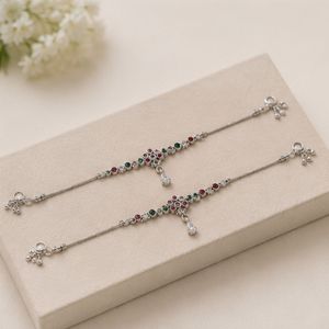 Paire de chevillères en argent 925, Payal traditionnel serti de pierres pour femme, élégantes chevillères en argent sterling faites à la main, chevillères de créateur - Product Image 6