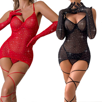 Ensemble de lingerie de nuit 3 pièces scintillant et séduisant avec strass, gants en résille et attaches pour les jambes
