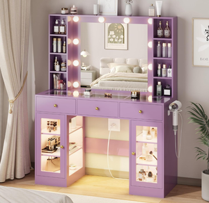 WenFeng OEM/ODM Coiffeuse moderne avec plateau en verre violet, miroir éclairé RGB <span class=keywords><strong>à</strong></span> 3 modes de changement de couleur, tiroirs, pour salle de bain, intelligente - Product Image 1