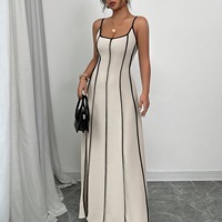 Robe longue pour femme, style chinois, tissée, décontractée, col mandarin, en polyester, fines bretelles, dos nu, color block, printemps