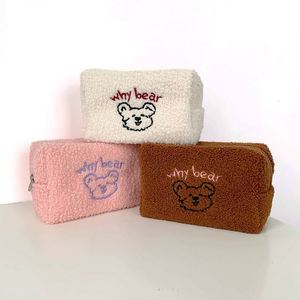 Women's Travel <b>Makeup</b> Bag Cute Bear Logo Terry Cloth Plush Cosmetic <b>Case</b> Zipper Wholesale Custom Embroidery Fuzzy Towel Look - Product Image 1
