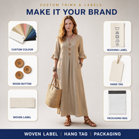 Robe longue en lin personnalisée pour femme, col en V, boutons en bois, manches à volants, poches latérales, coupe trapèze, fabricant OEM ODM