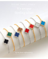 Gelang Anak Lucky Jewelry Vintage Berlapis Emas Rhodium Perak S925 Batu Agate Bermotif Empat Daun Semanggi untuk Hadiah Pesta Pernikahan Warna Hitam