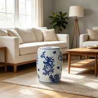 Tabouret Tambour en Céramique Bleu et Blanc Classique, Peint à la Main avec Motifs d'Oiseaux et de Papillons, Siège Tambour, Table d'Appoint, Tabouret pour la Décoration de la Maison