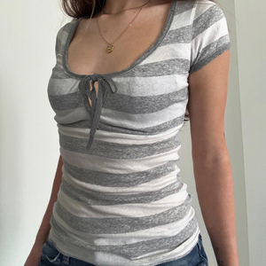 Vintage Striped Print Breathable Women's Short Sleeve T-Shirt Summer High Quality New Arrival V-Neck <b>Tie</b> Front Casual - Product Image 2