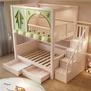 JS FURNITURE <span class=keywords><strong>Lit</strong></span> double pour enfants en bois massif au design unique, mobilier de chambre à thème vert <span class=keywords><strong>avec</strong></span> <span class=keywords><strong>toboggan</strong></span> en arc et escalier de rangement - Product Image 4