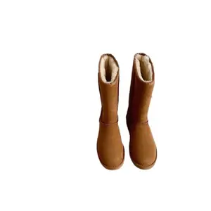 Kahverengi 5815 yüksek varil kar botları kadın sığır derisi hakiki yün peluş sıcak ayakkabı kauçuk taban diz üzerinde çizmeler Anti kayma yüksek çizmeler