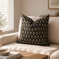 Sarung Bantal Dekoratif Motif Bunga Hitam Boho 100% Katun, Sarung Bantal Persegi untuk Sofa Ruang Tamu Dekorasi Rumah