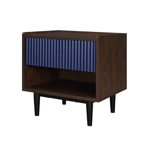 Nightstand In Navy Blue Wood With Ribbed Panel And <b>Open</b> Shelf <b>Storage</b> - Product Image 6