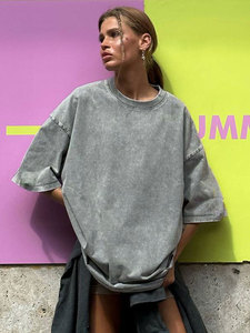 T-shirt d'été en coton tricoté à manches courtes, délavé, col rond, style streetwear, décontracté, ample, simple, couleur unie, doux pour femme - Product Image 3