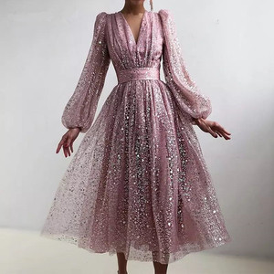 Robe de soirée 2023 grande taille femmes Sexy col en v taille haute robe en maille robe de soirée - Product Image 5