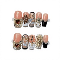Ongles artificiels faits à la main à pression, forme amande, décorés de perles et strass, pré-conçus pour usage en salon
