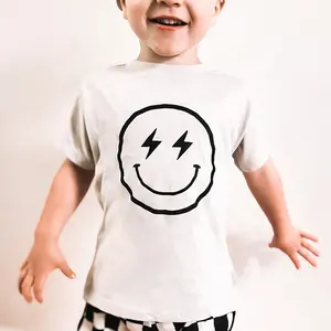 Custom Logo Cotton Unisex T-shirts For Kids Round Neck Lightning Smiley Face Printed Boys T-shirt