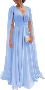 <span class=keywords><strong>Vestido</strong></span> de Dama de Honor de Gasa de Varias Piezas <span class=keywords><strong>con</strong></span> Mangas Tipo <span class=keywords><strong>Capa</strong></span>, <span class=keywords><strong>Vestido</strong></span> Formal para Invitadas de Boda, <span class=keywords><strong>Vestido</strong></span> <span class=keywords><strong>Largo</strong></span> Plisado para Mujer - Product Image 2